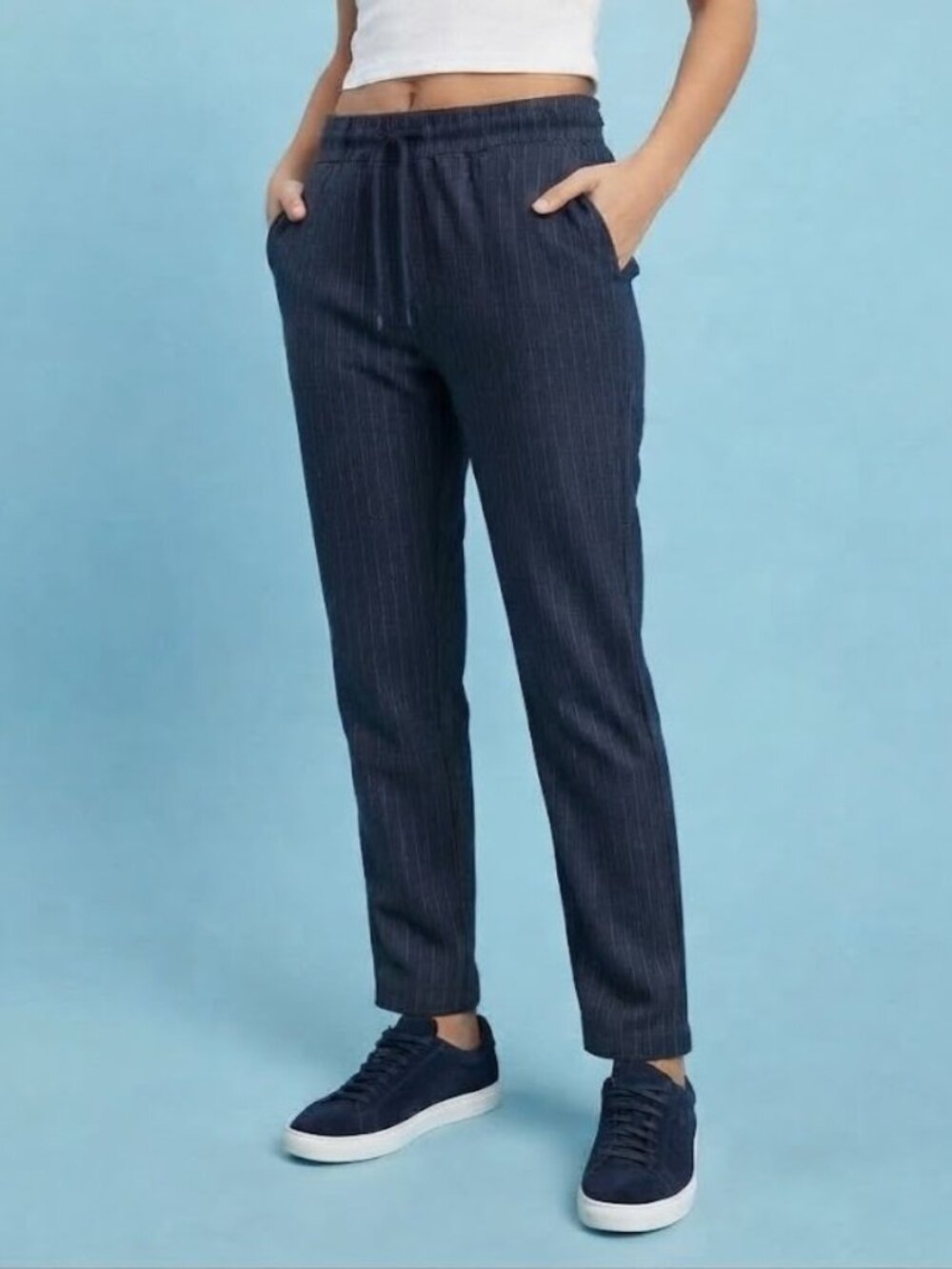 DKNY Navy Blue Pinstripe Drawstring Straight Leg Pants